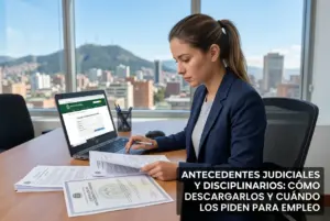 Mulher trabalhando em documentos com laptop sobre registros judiciais