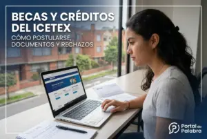 Mulher estudando no site ICETEX sobre bolsas e créditos