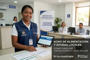 Mulher em escritório governamental com tablet promovendo ajuda local 2026