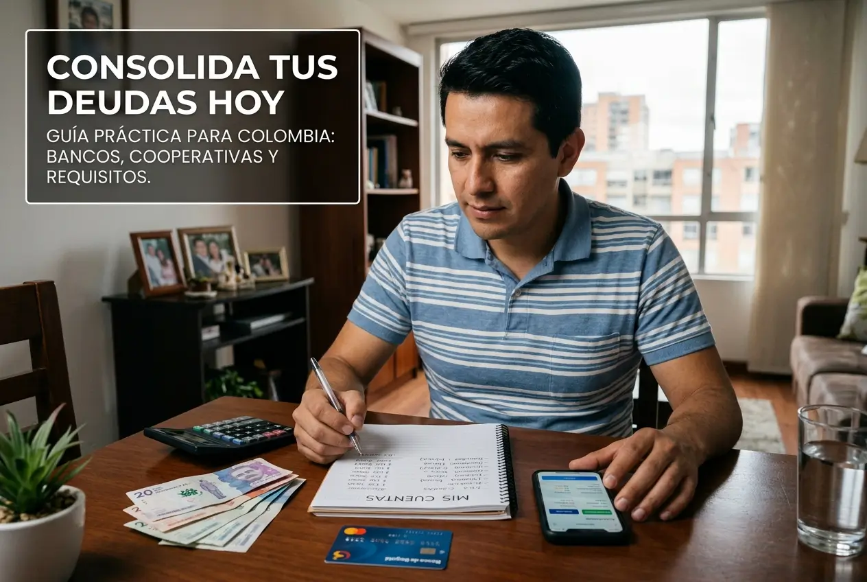 Homem planejando finanças com notas colombianas, calculadora e smartphone