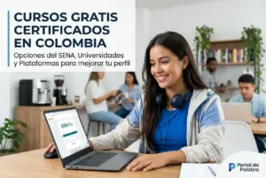 Mulher jovem sorrindo usando laptop com SENA na tela