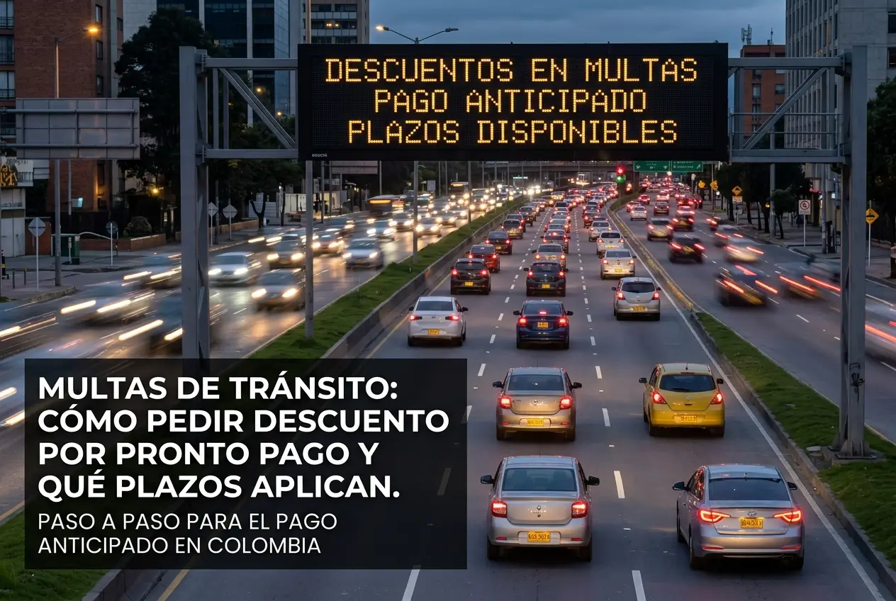 Rua movimentada em Bogotá com informações sobre multas de trânsito