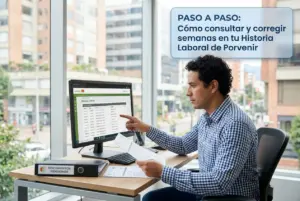 Homem apontando para tela com 'Historia Laboral' em escritório