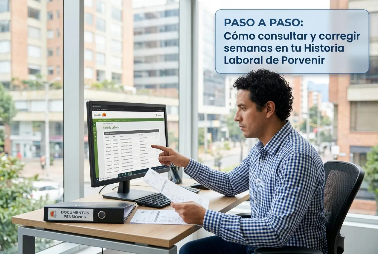 Homem apontando para tela com 'Historia Laboral' em escritório