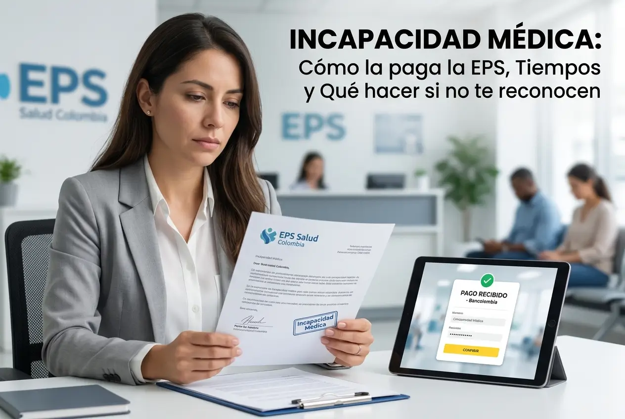 Mulher analisa documento 'EPS Salud Colombia' e tablet 'PAGO RECIBIDO'
