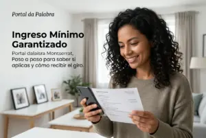 Mulher sorridente revisa documento financeiro em sala de estar