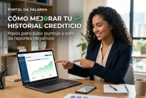 Mulher sorridente apontando para laptop com gráfico de crédito: 760
