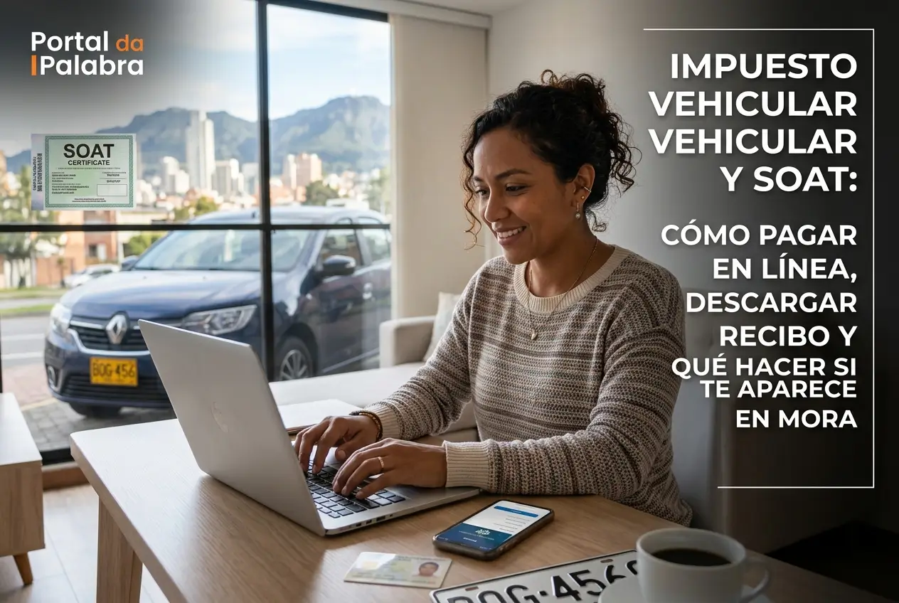 Mulher alegre usando laptop com cidade ao fundo sobre impostos veiculares