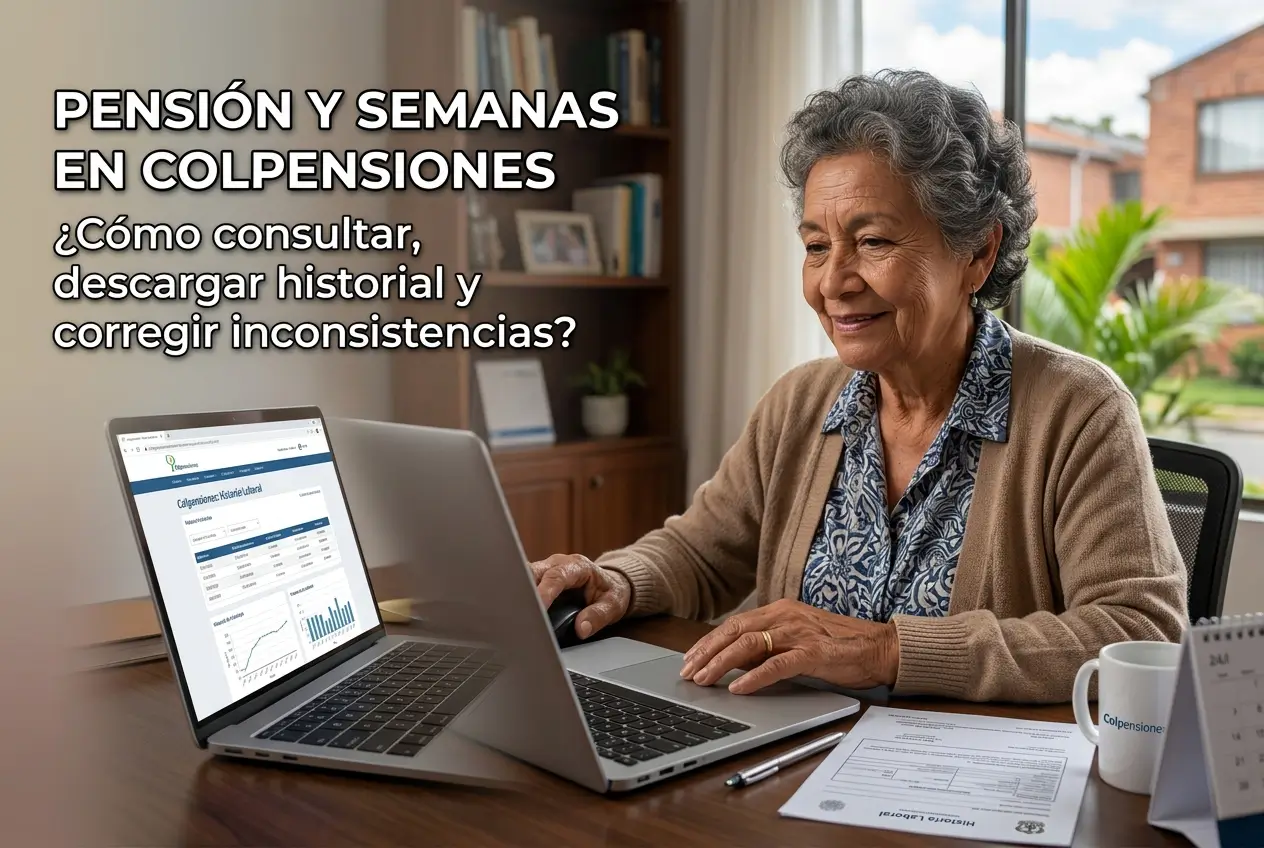 Mulher idosa usando laptop para consultar pensão na Colpensiones
