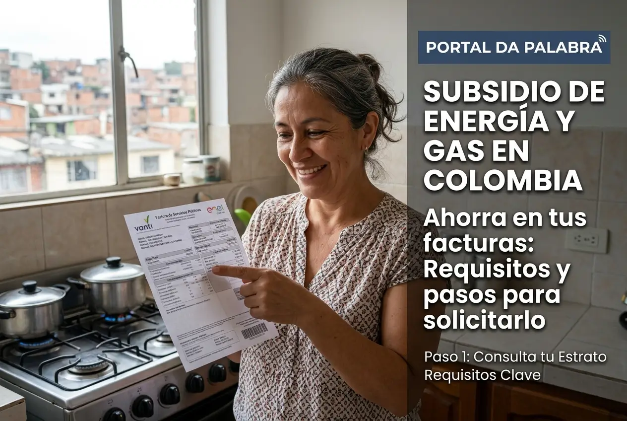 Mulher sorridente com conta de luz na cozinha, bairro ao fundo