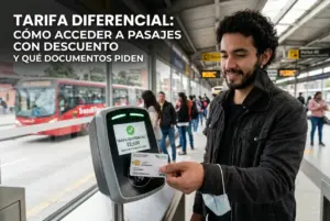 Jovem segurando cartão na estação TransMilenio com tarifa reduzida